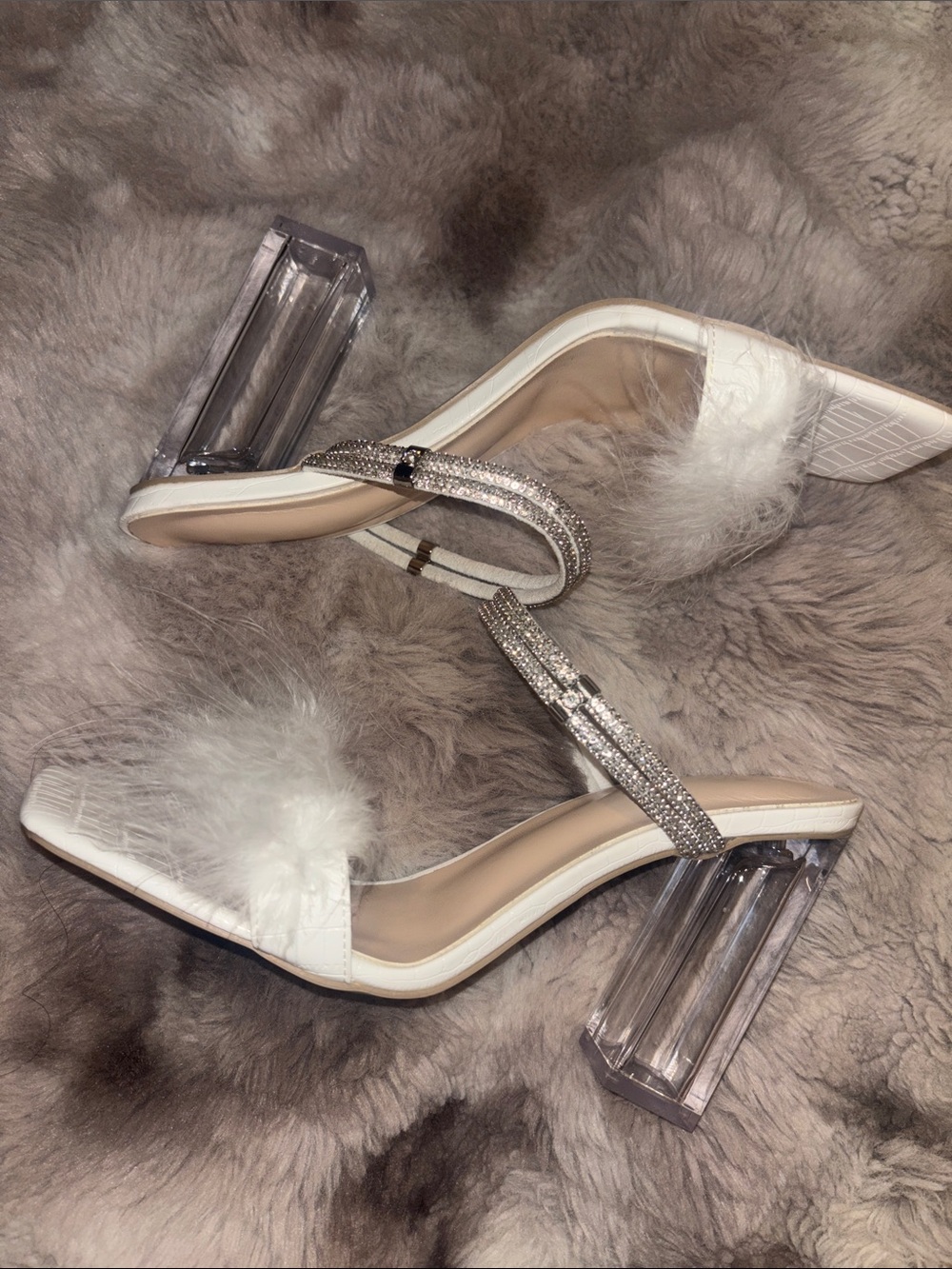 White Feather-Trim Heels with Crystal Ankle Strap